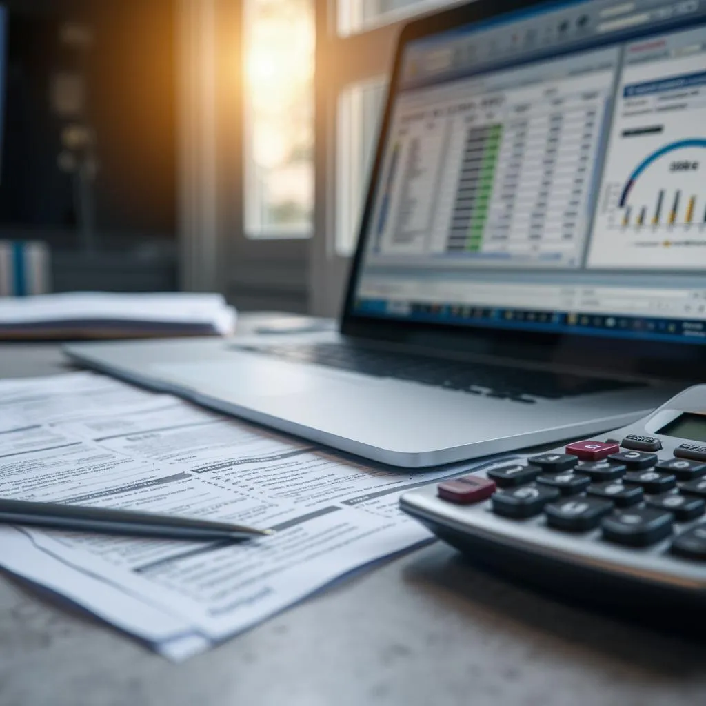 Detalle de herramientas de trabajo de auditoría: laptop, informes y calculadora